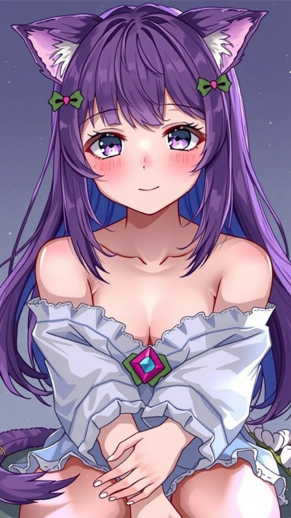Serene Anime Girl with Purple Hair and Eyes and Cat Ears, in...