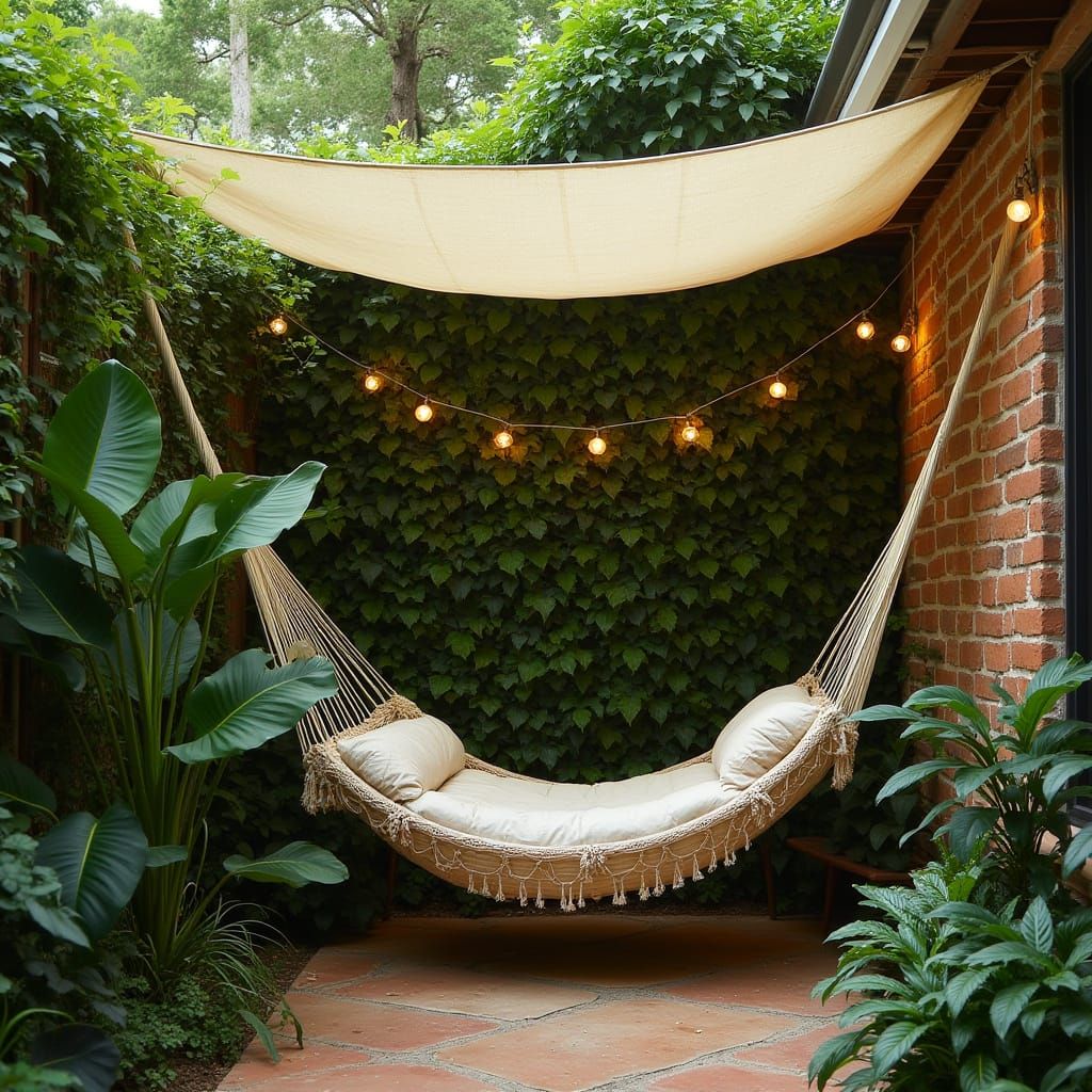 Cozy Hammock in Lush Green Canopy with Fairy Lights