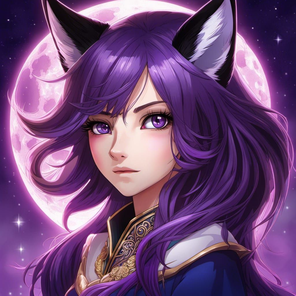 Purple Fox Anime Portrait Under Purple Moon