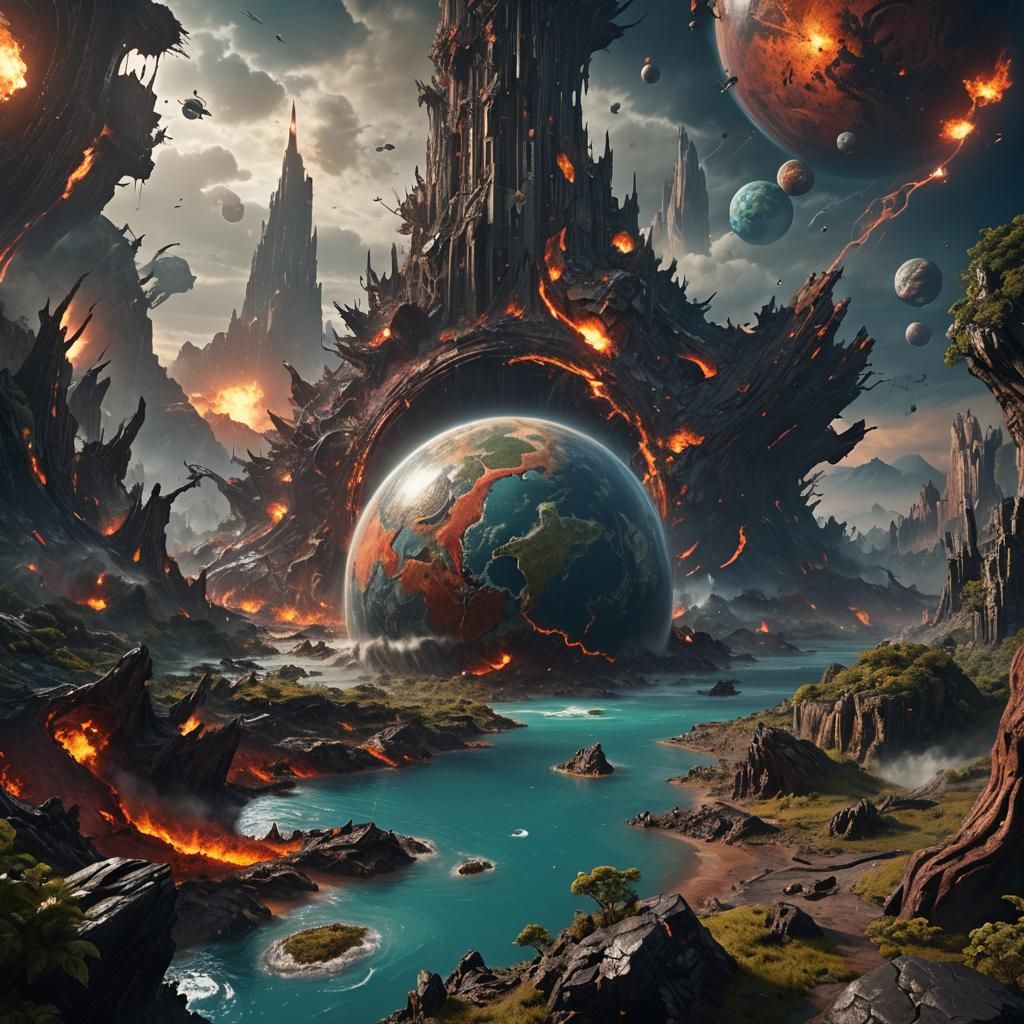 Planet Engulfed in Natural Disasters: Digital Art