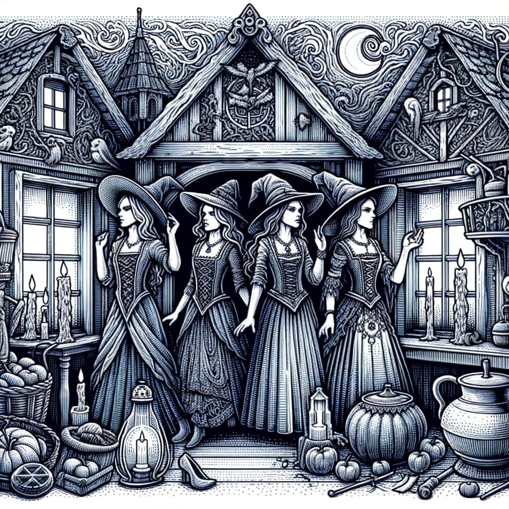 Eerie Witch Sisters in Medieval Cottage Line Drawing