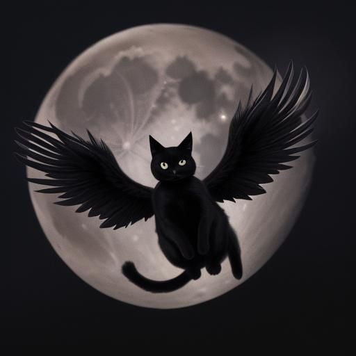 Winged Black Cat on the Moon at Night