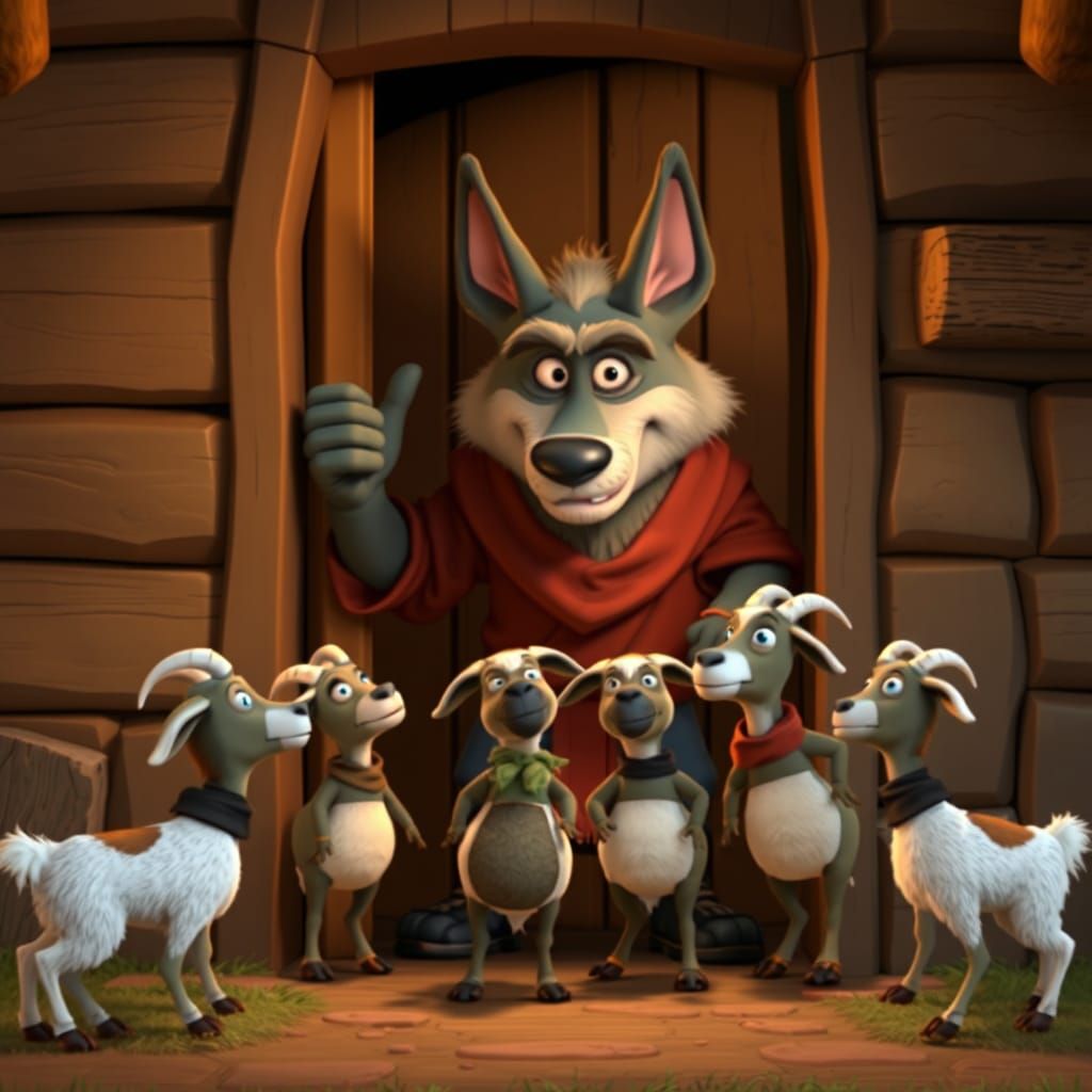 Big Wolf and Seven Goats: Pixar-Style 3D Cartoon