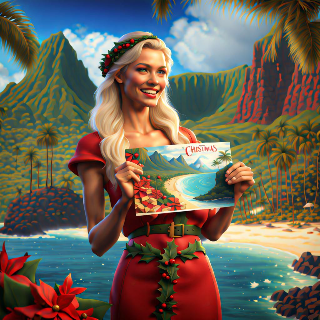 Hawaiian Woman with Christmas Postcard: Fantasy Concept Art