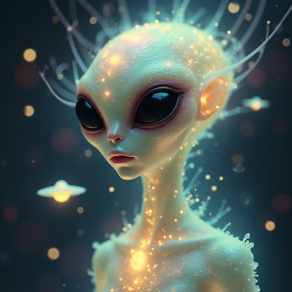 Ethereal Alien Mindscape with UFOs in Biomechanical Style