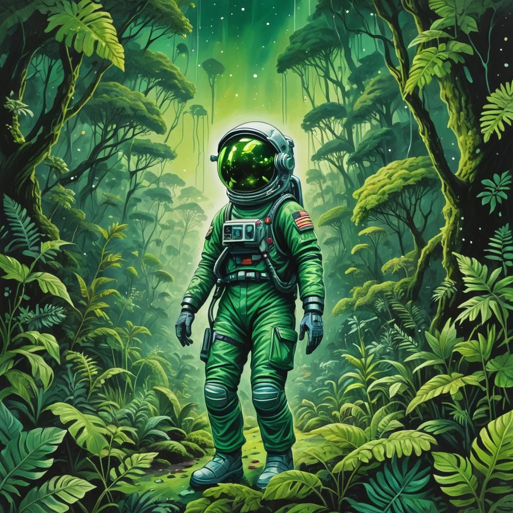 Green Rainforest Landscape with Astronaut in Gouache