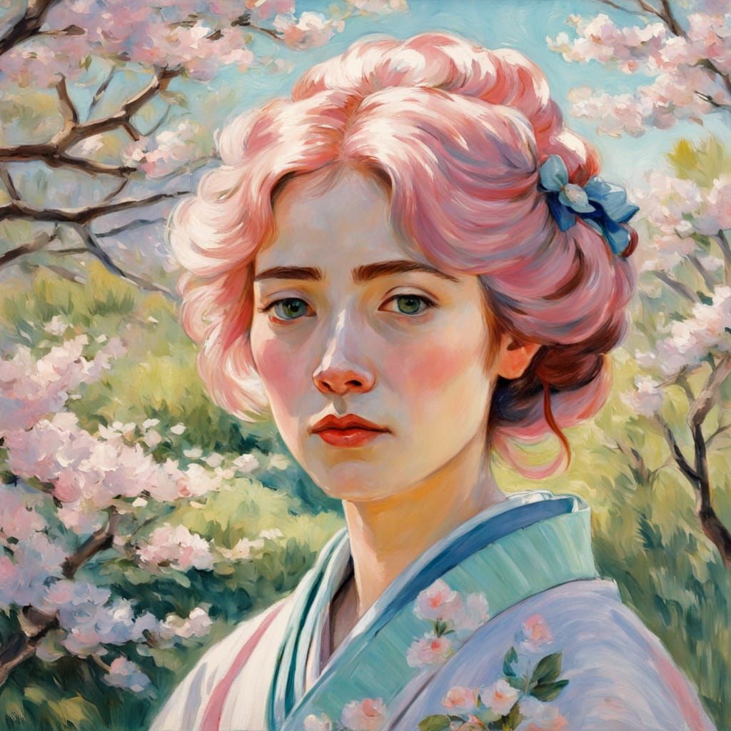 Serene Anime Goddess in Cherry Blossom Garden