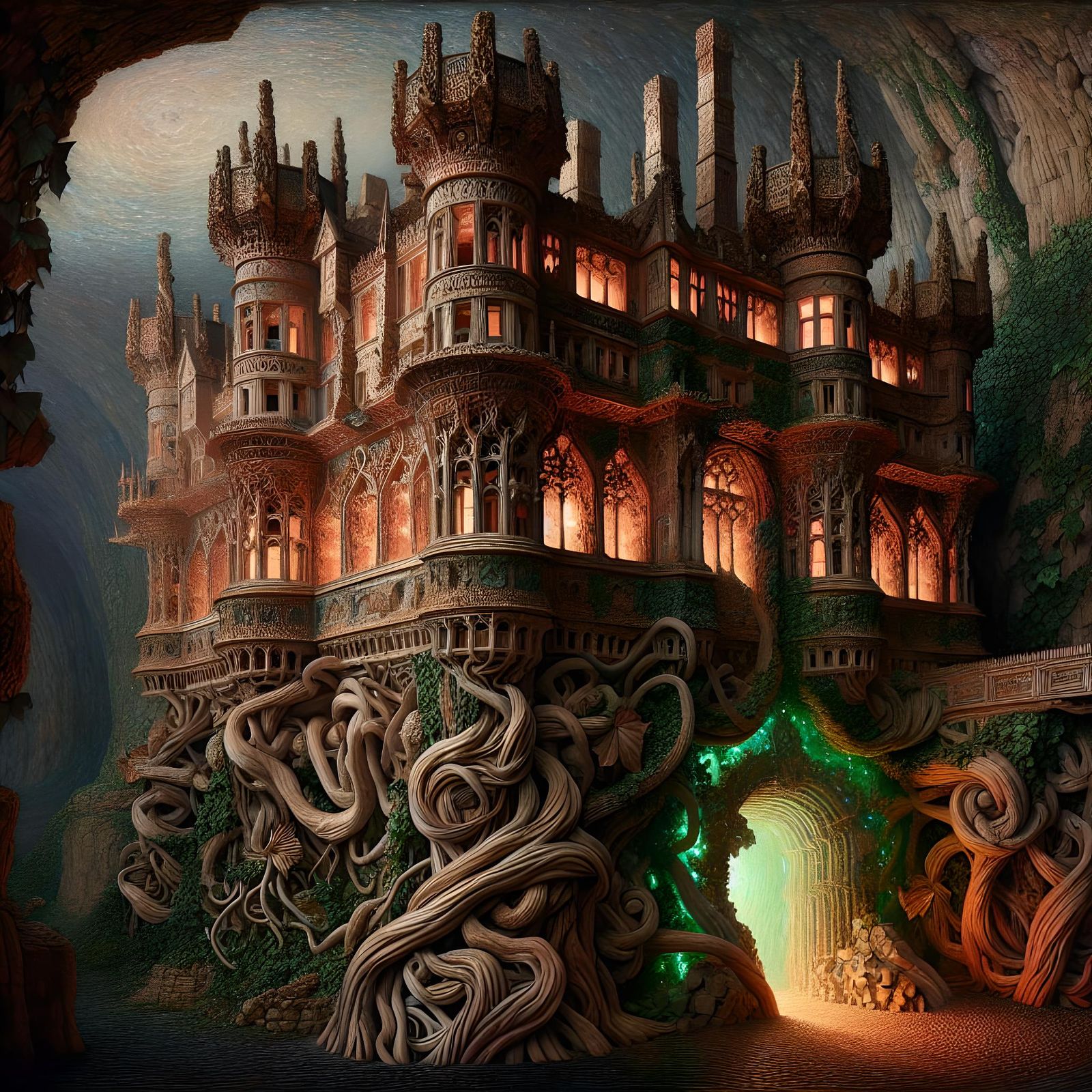 Stokesay Castle Enmeshed in Vines with Copper Patina