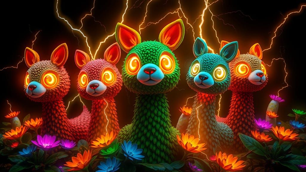 Bioluminescent Topiaries in a Neon Fantasy Landscape