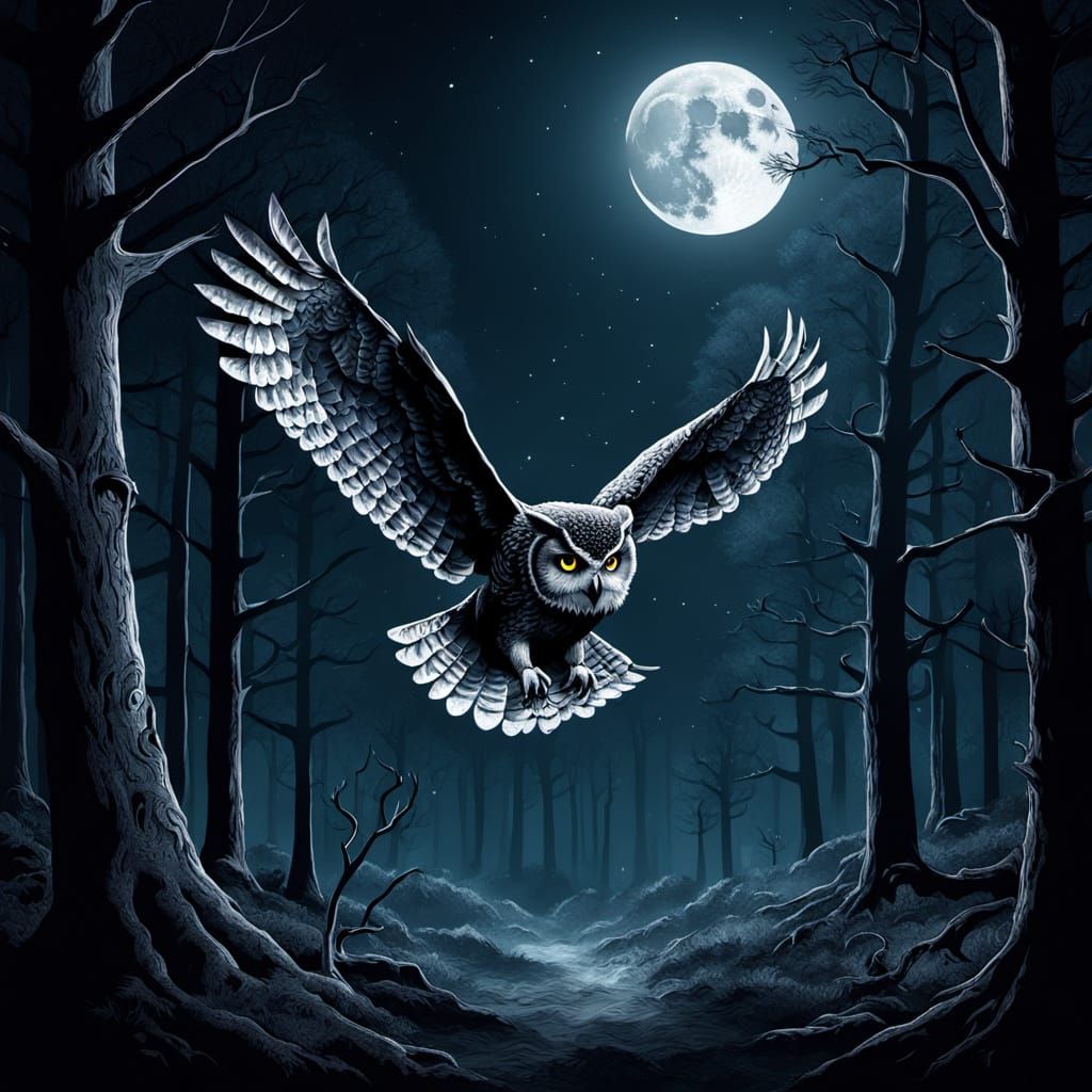 Mystical Owl in Noir Forest Under Moonlit Sky