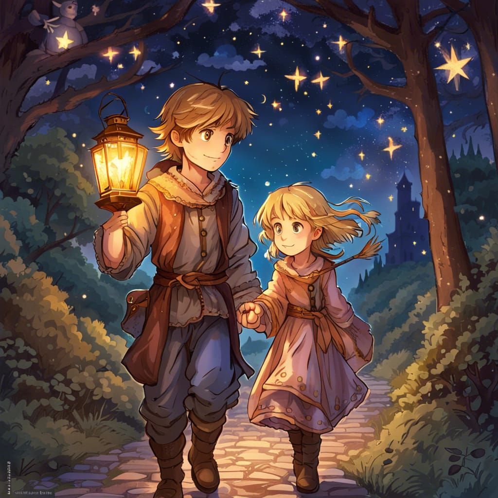Anime Siblings Guided by Lantern Light Under Stars