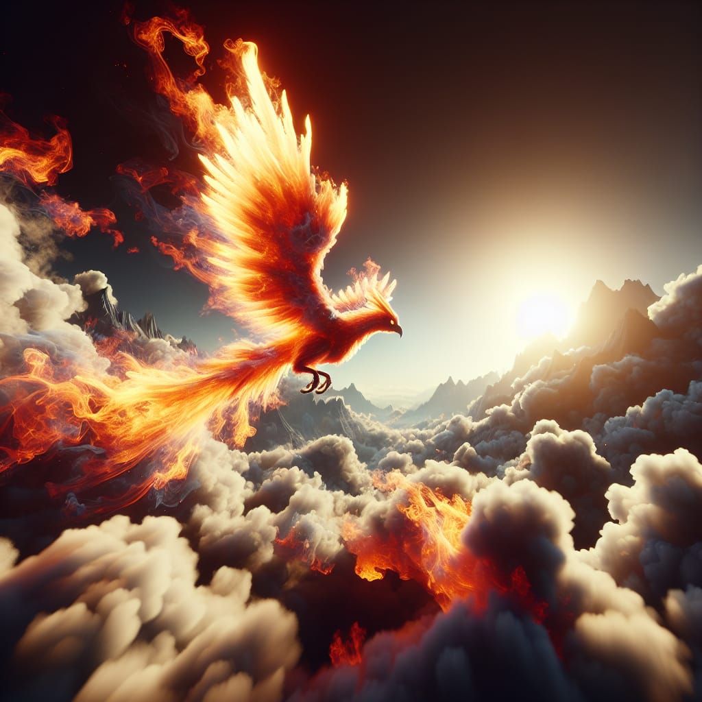Fiery Phoenix Soaring Through Smoke in 3D