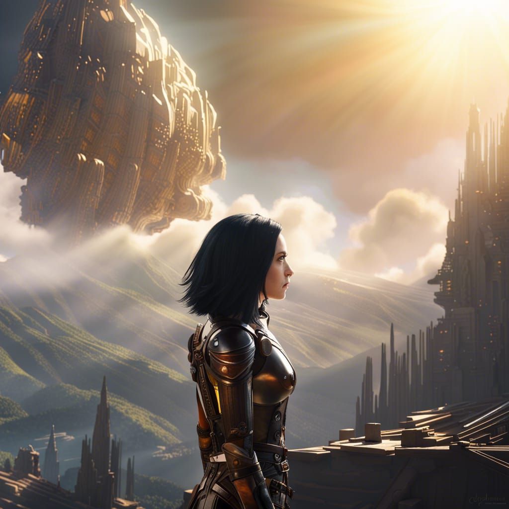 Alita's Steampunk Mountain View: Cinematic Digital Painting