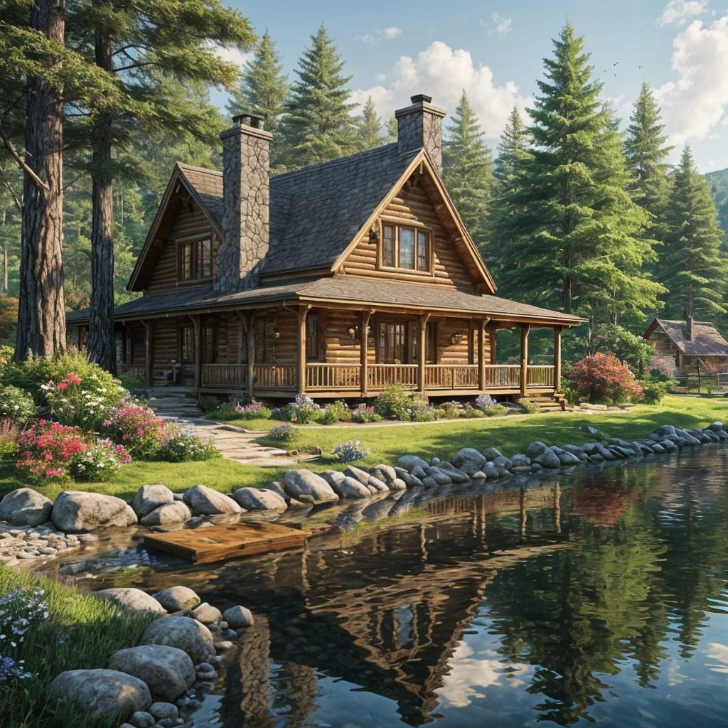 Cozy Log Cabin by River in Photorealistic Style