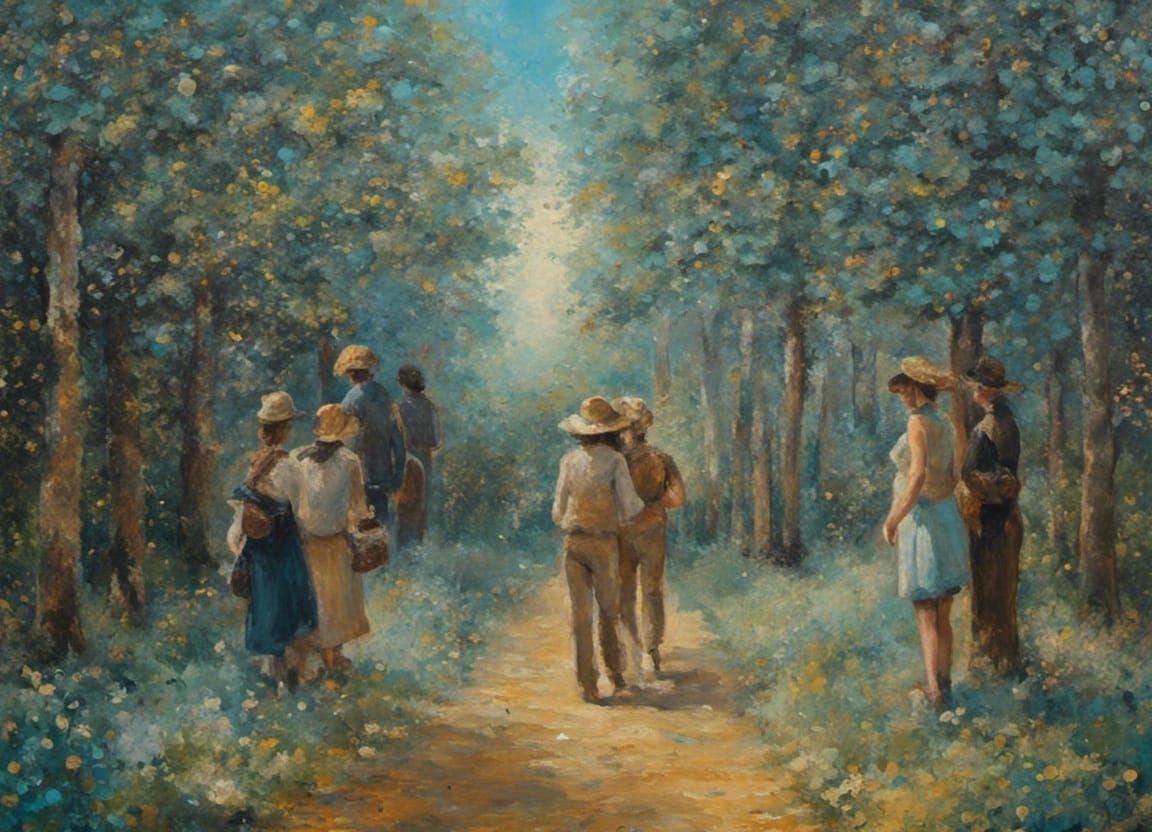 Forest Walk with Friends in Pointillist Oil Painting