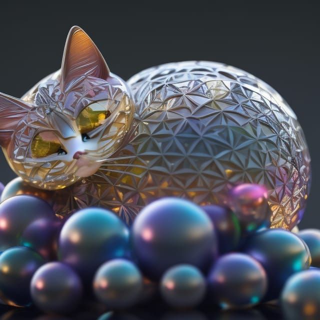 Bioluminescent Cat Figurine on Bubbles, Digital Art