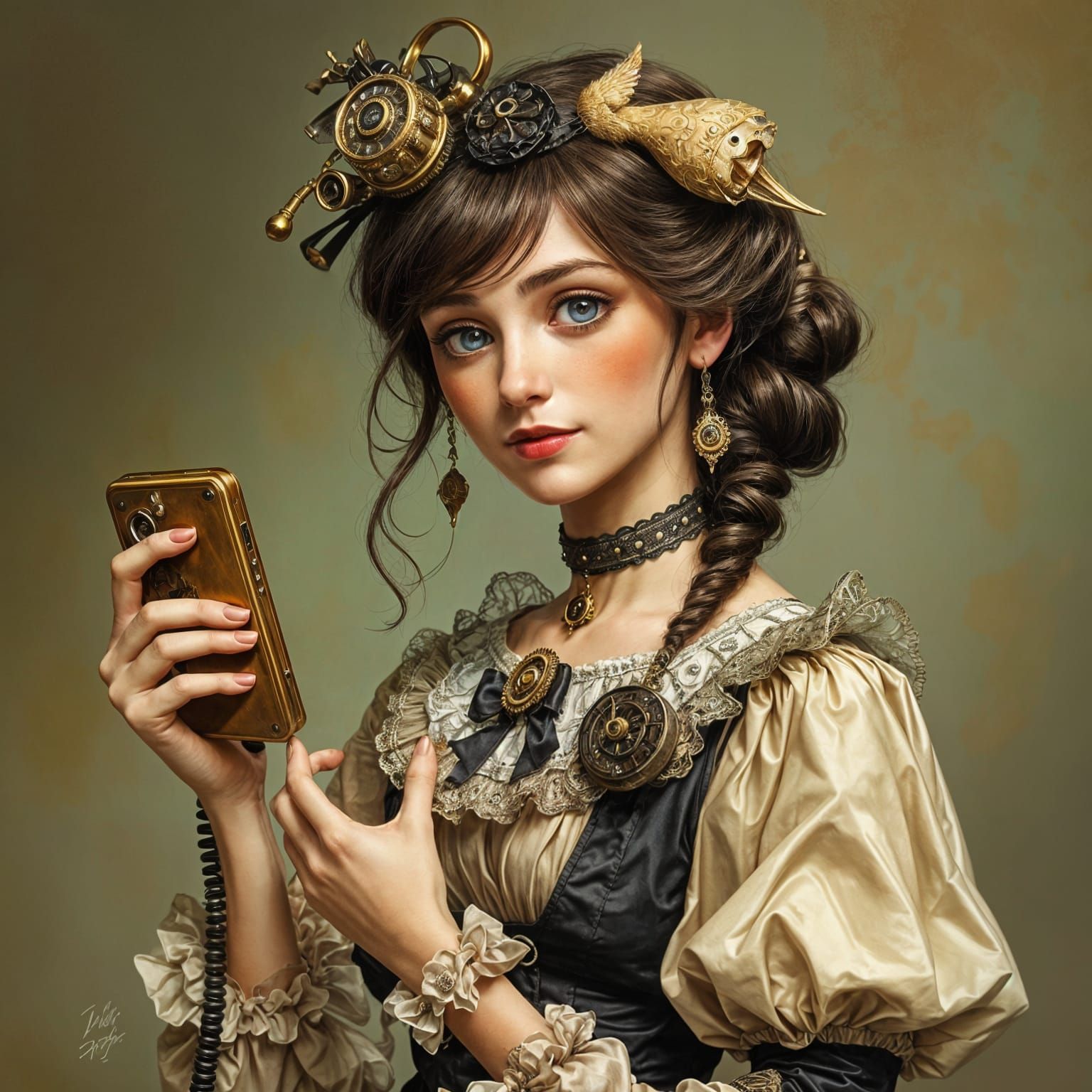 Victorian Lady with Steampunk Phone, Digital Art
