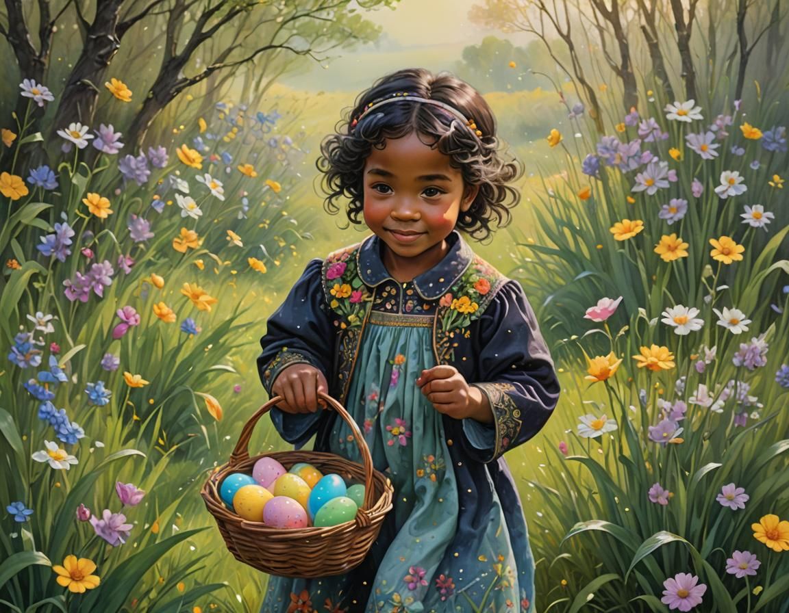 Toddler in Spring Meadow, Watercolor Fantasycore Style