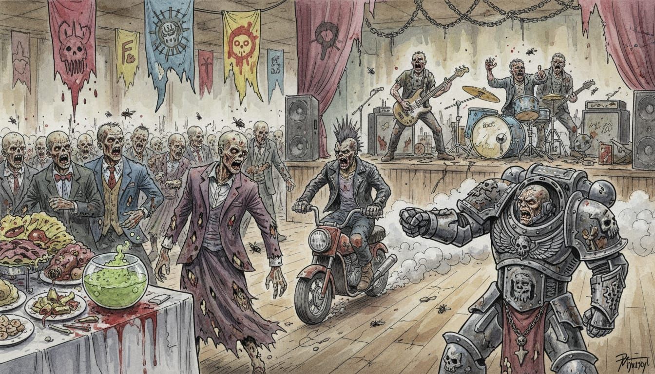 Zombie Prom Dance with Space Marine in Watercolour Style