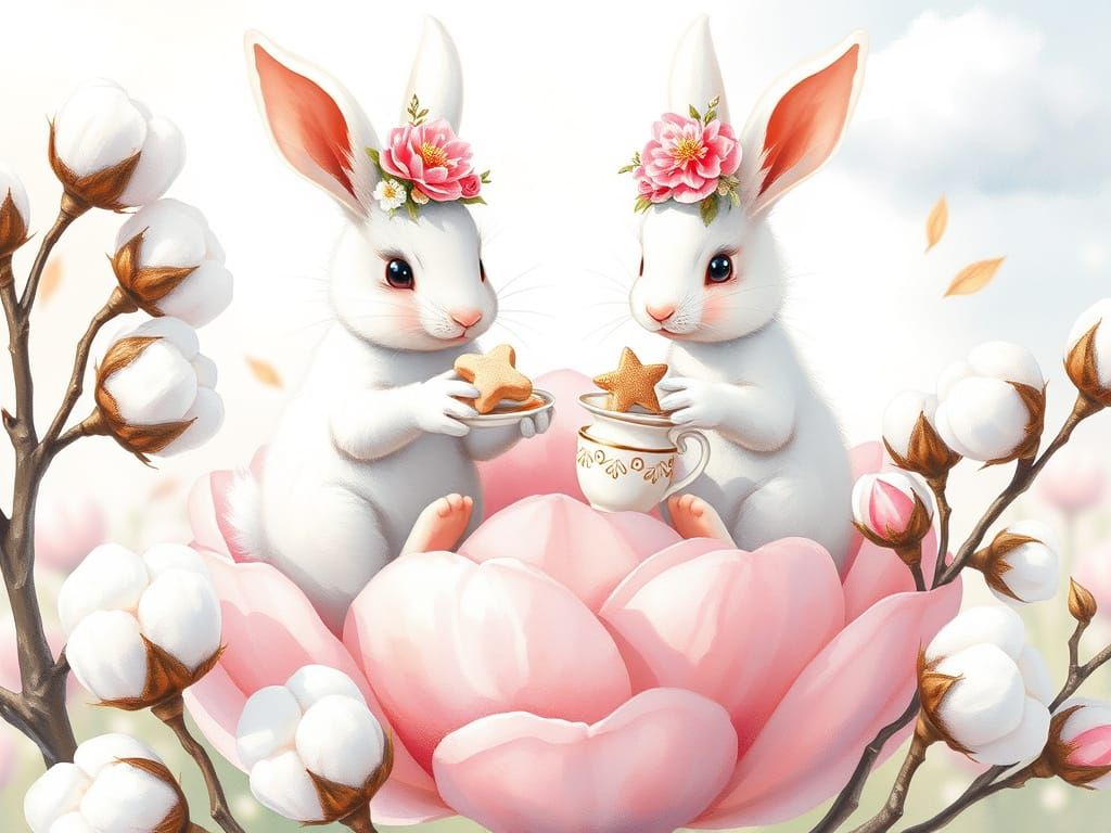 Whimsical Floral Rabbits Enjoy Tea Time