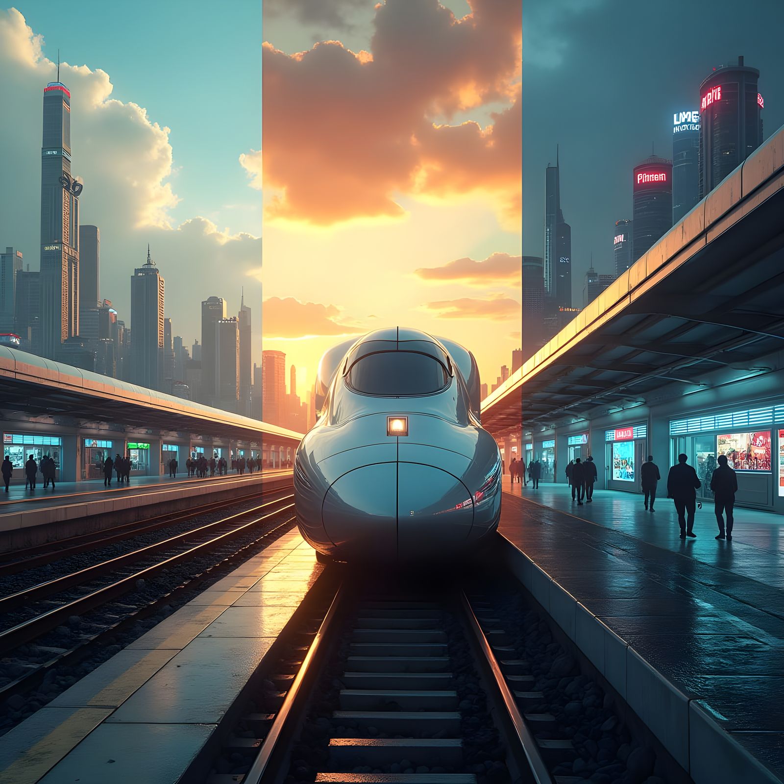 Futuristic Train Station at Day, Evening, and Night