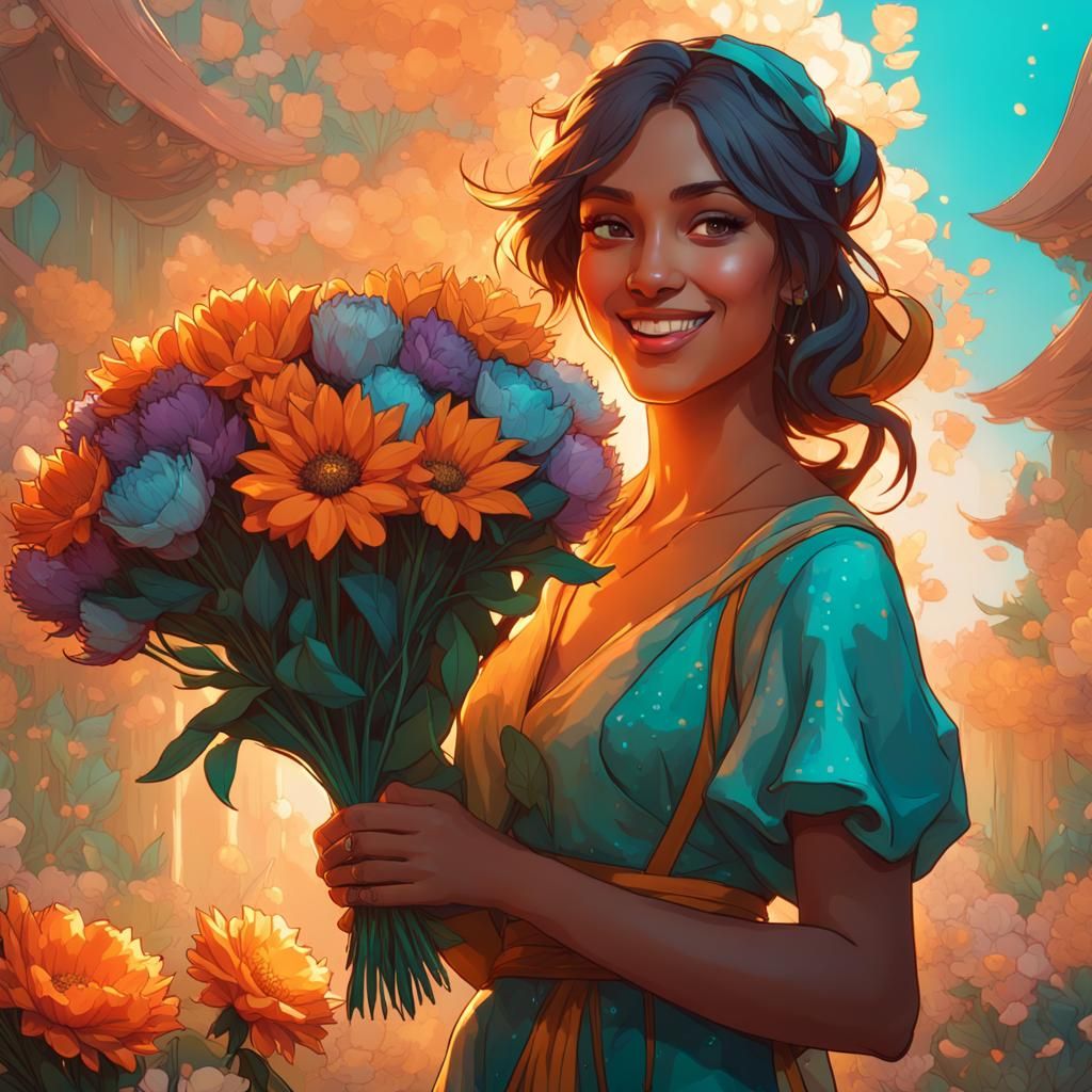 Girl with Flowers: Hyperdetailed Art Nouveau Portrait
