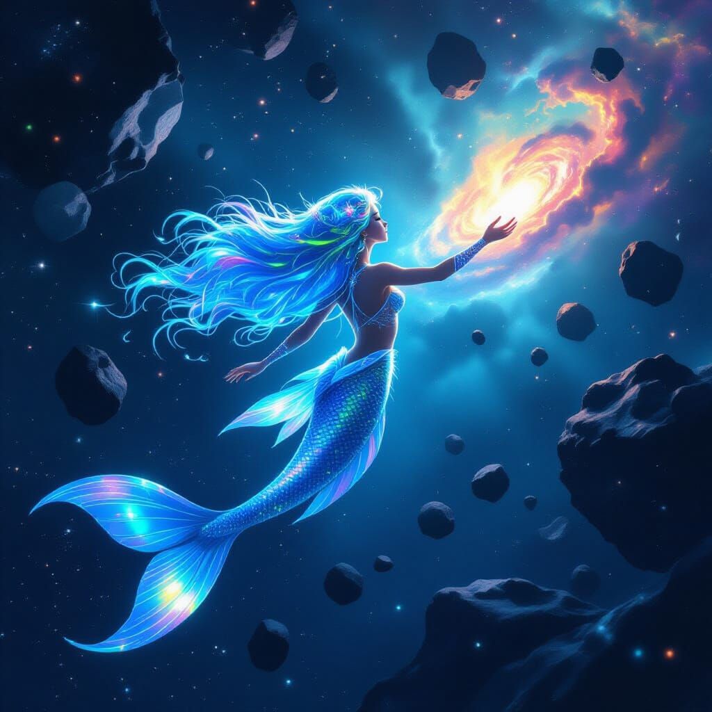 Bioluminescent Mermaid in Asteroid Field, Digital Art