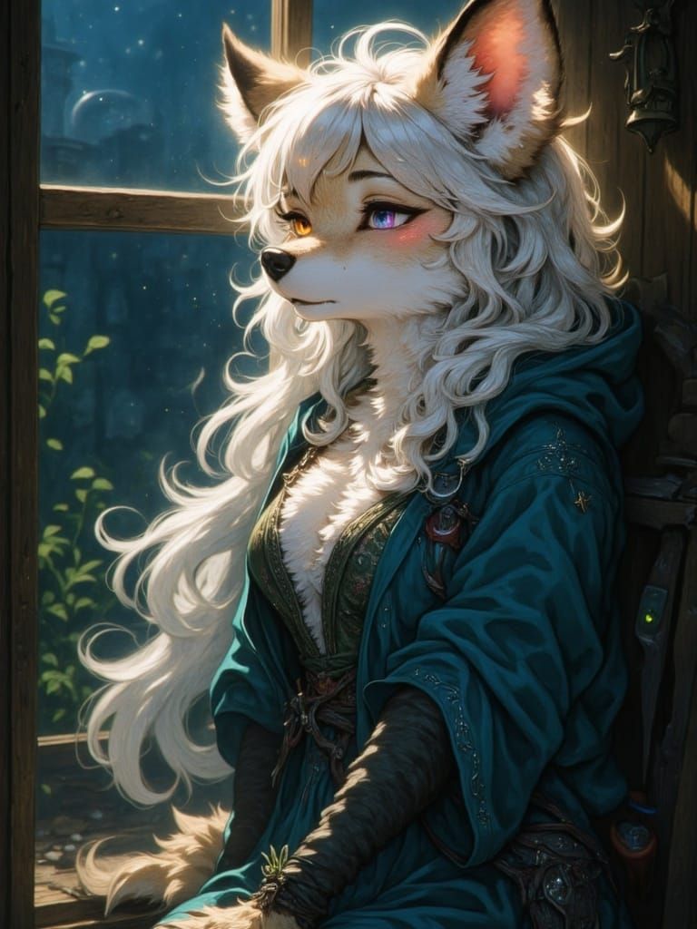 Anthropomorphic Wolf Witch in Dimly Lit Apartment