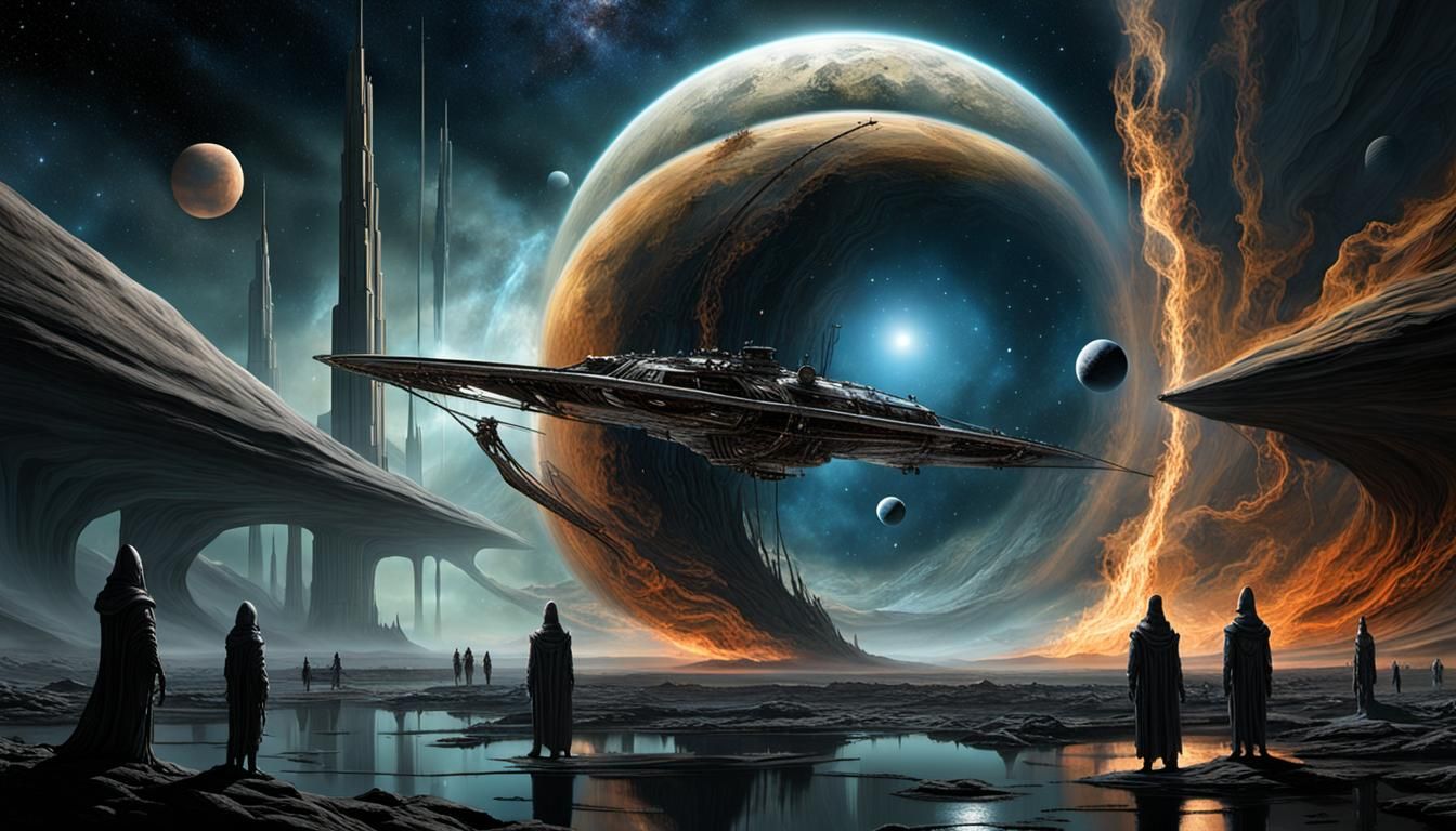 Alien Spaceship Orbiting Jupiter in Horror Style