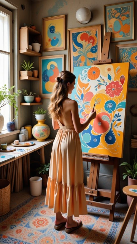 Artist in French Studio, Folk Art Nouveau Style