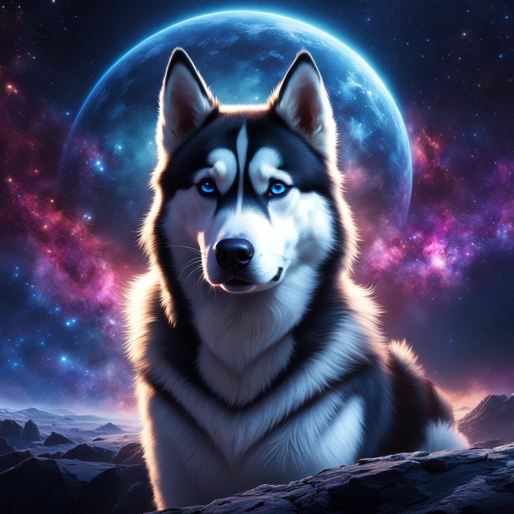 Siberian Husky in Bioluminescent Starry Galaxy