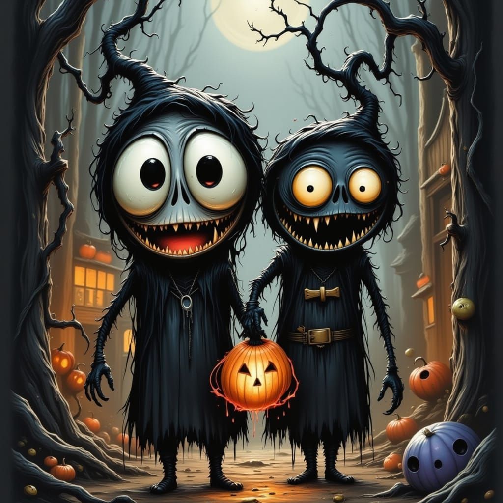 Big-Eyed Children Trick-or-Treating in Quaint Village