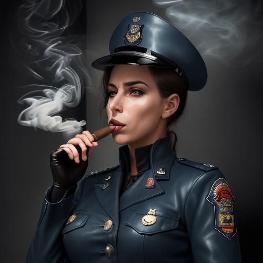 Female Officer Smoking Cigar in Blue Leather Uniform