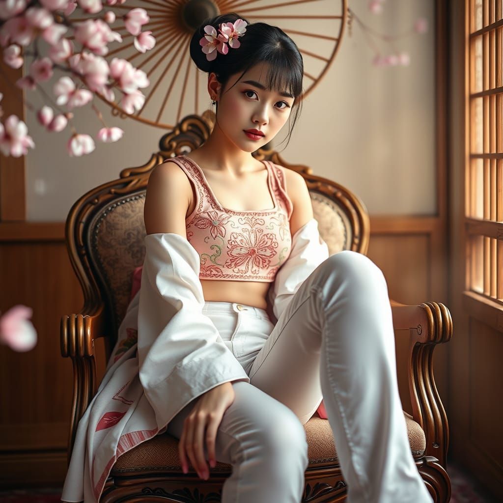 Geisha in Modern Attire with Cherry Blossoms