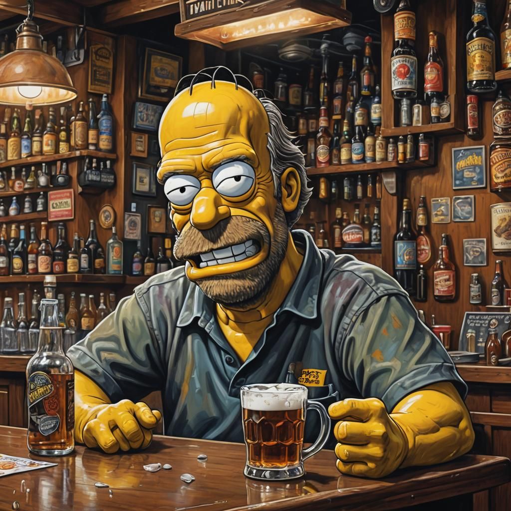 Homer Simpson at Bar: Hyperrealistic Cinematic Painting