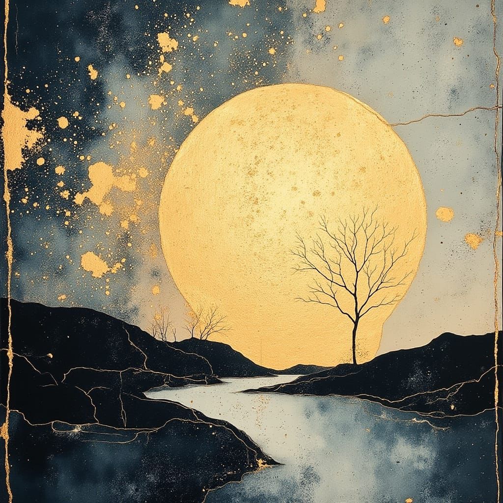 Zen Dreamscape with Gold Leaf in Watercolor Style