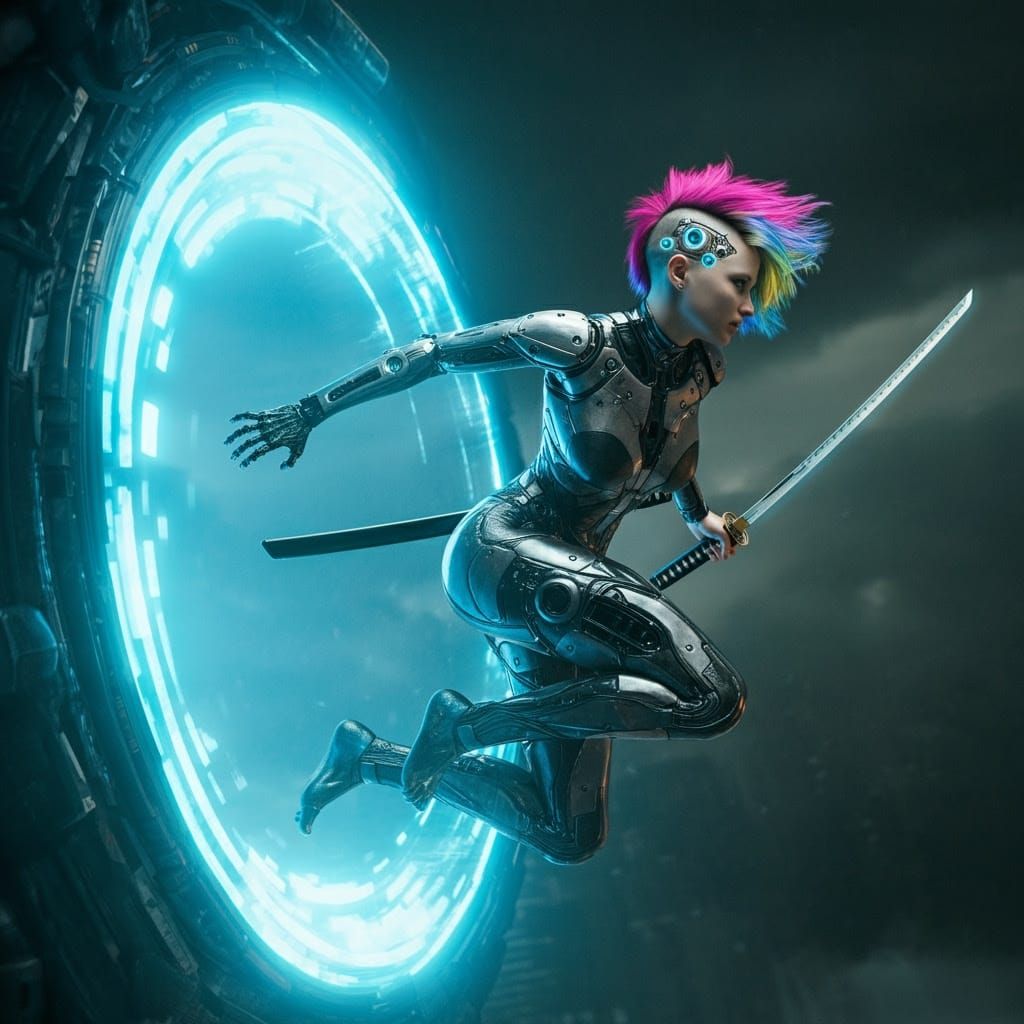 Cyberpunk Warrior Leaps Through Portal in High-Tech Aestheti...