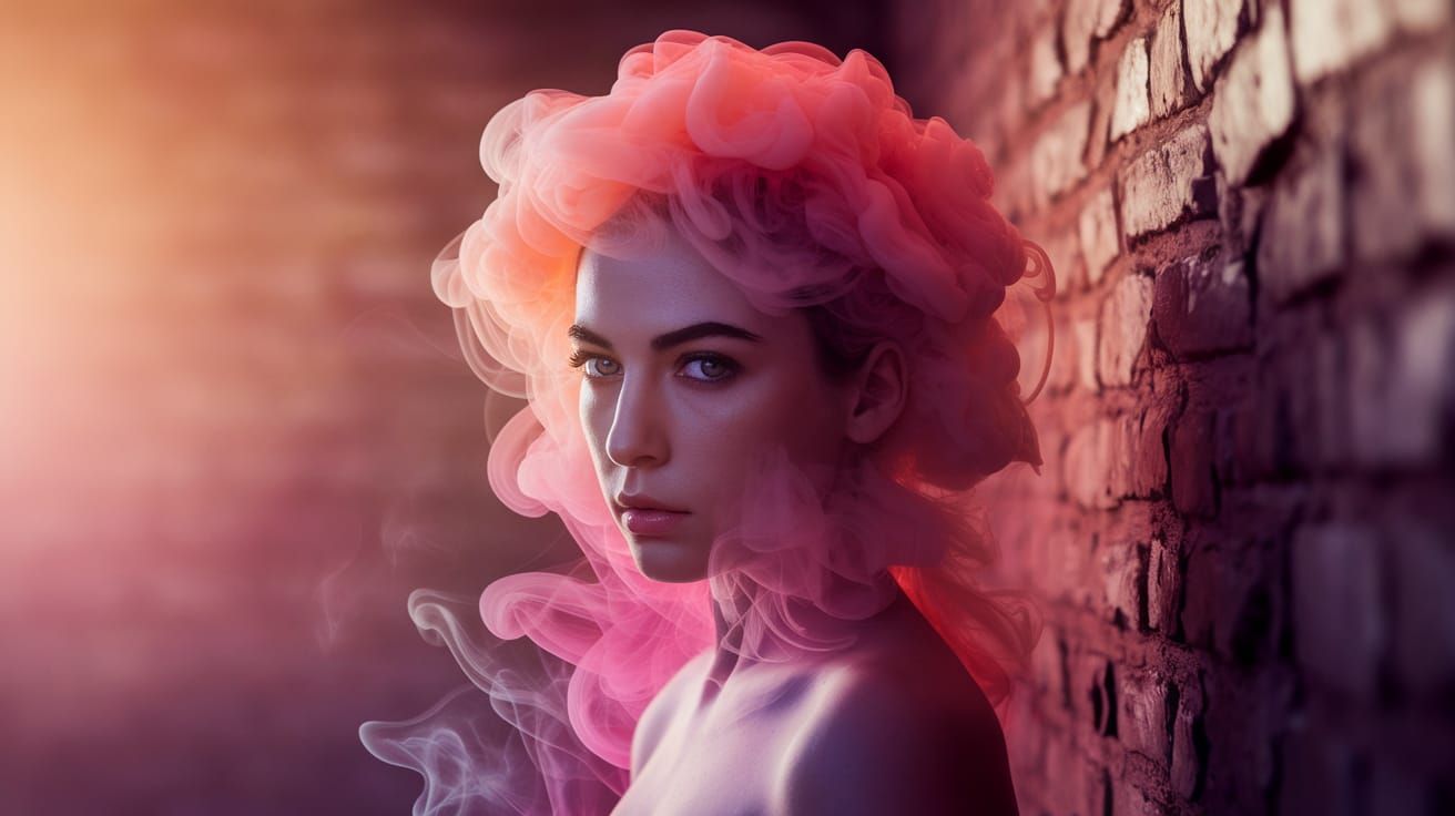 Woman Enveloped in Pink and Orange Smoke