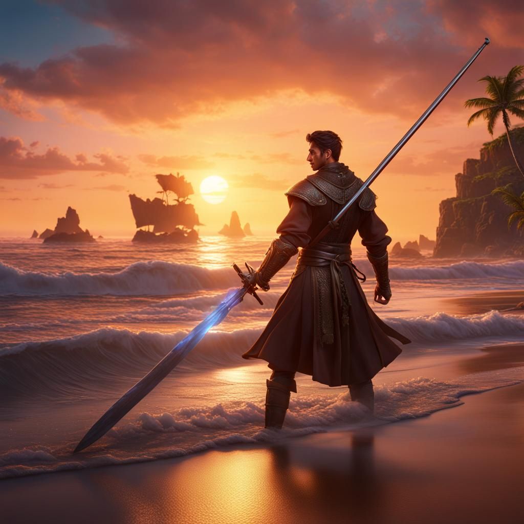 Mage Fencing with Enchanted Sword on Sunset Beach