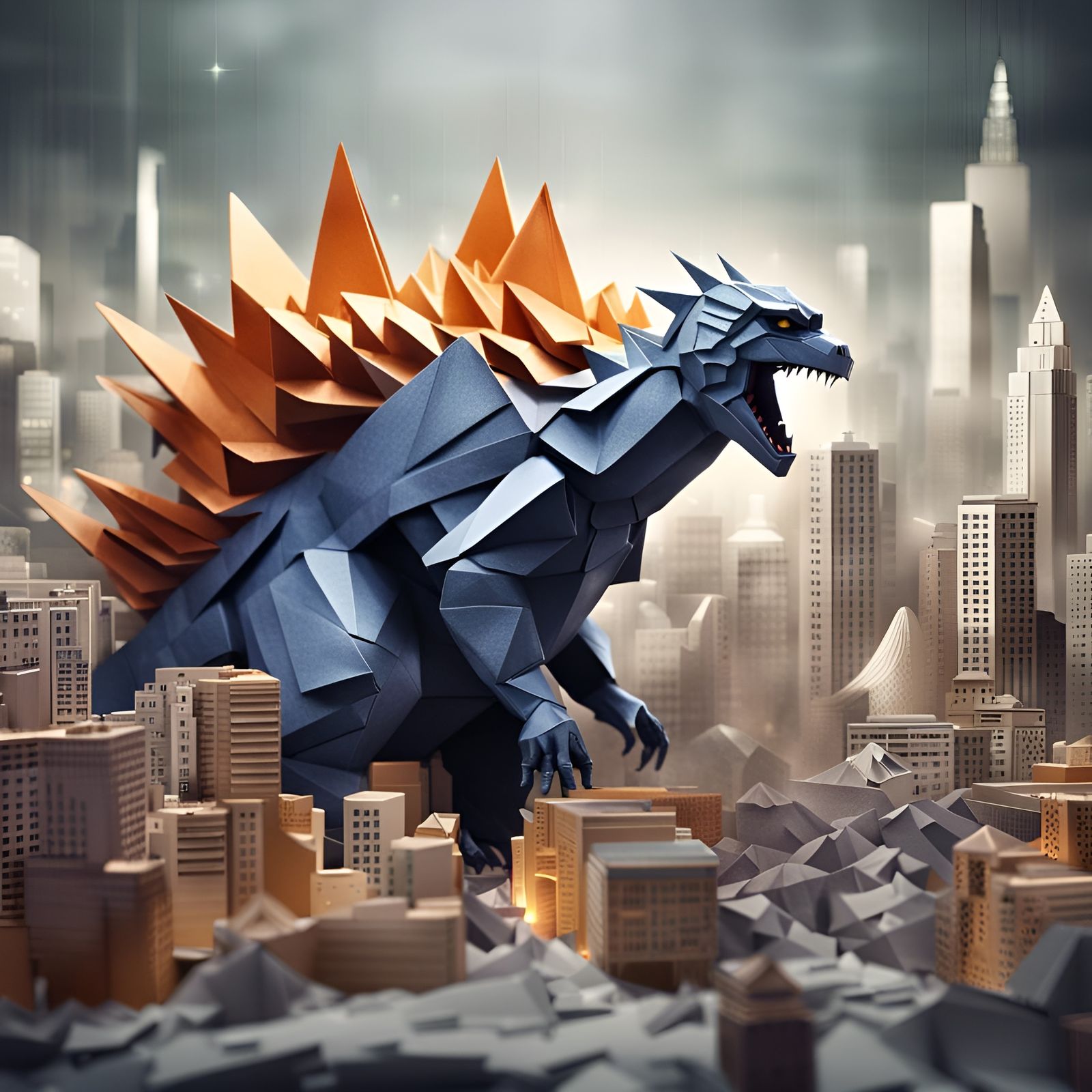 Origami Godzilla Destroys City in Art Deco Style