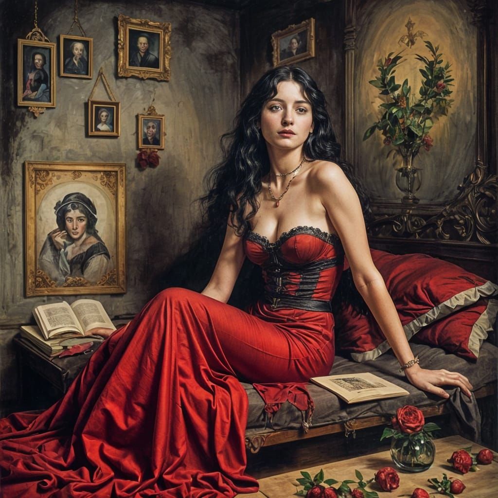 Ethereal Gothic Countess in Crimson Velvet, Charcoal Sketche...