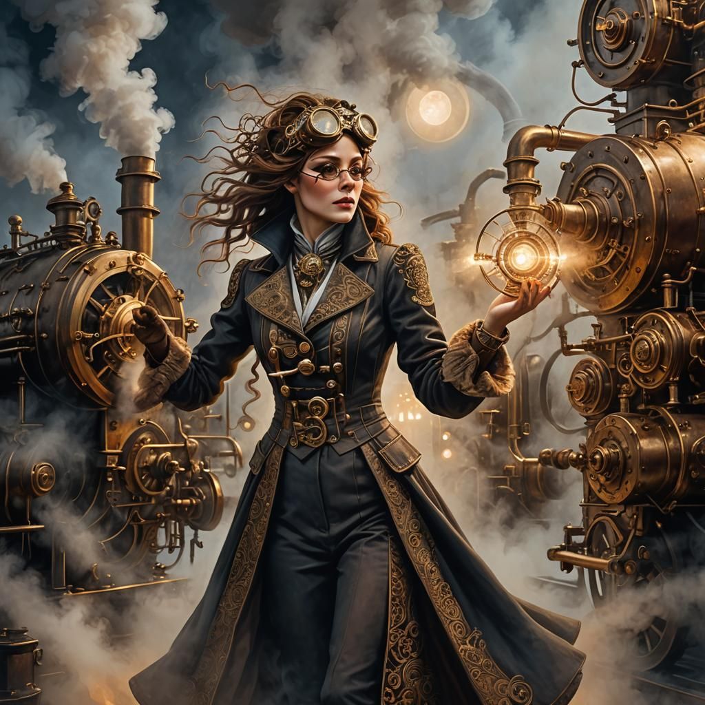 Steampunk Dancer in Moonlit, Steam-Powered Scene