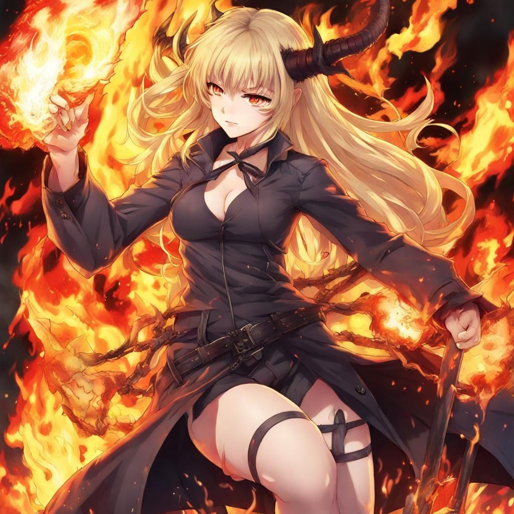 Anime Style Blonde Demon Woman in Hellfire