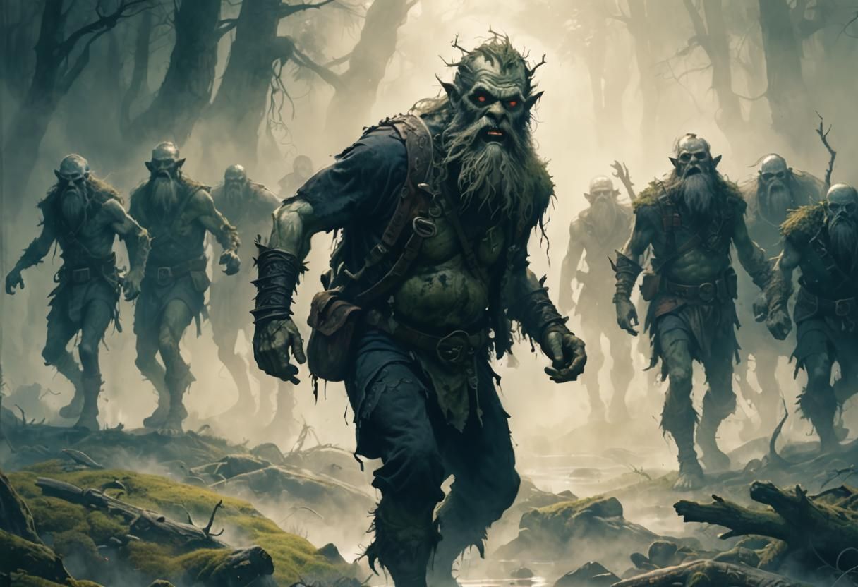 Zombified Dwarves in Misty Forest, Dark Fantasy Art