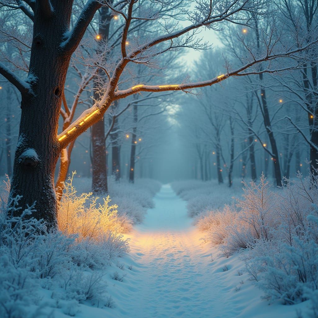 Cyberpunk Forest with Golden Runes and Snow