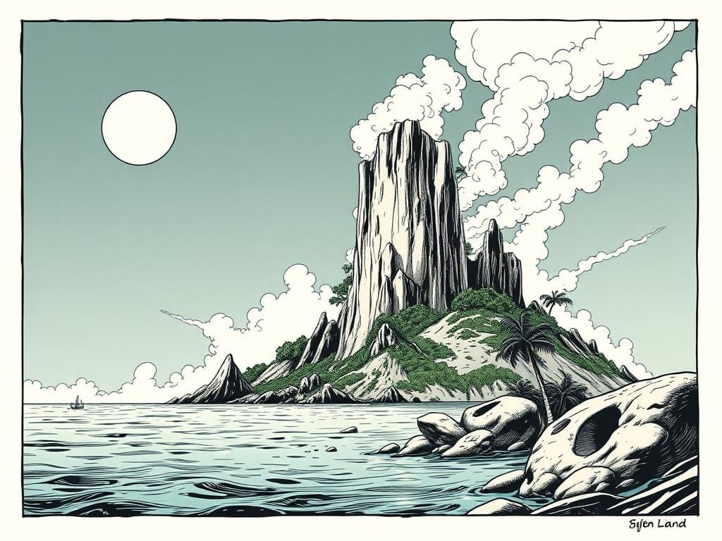 Mysterious Ghost Island in Vintage Comic Style