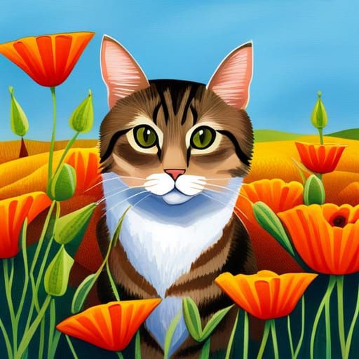 Tabby Cat in Orange Poppy Garden