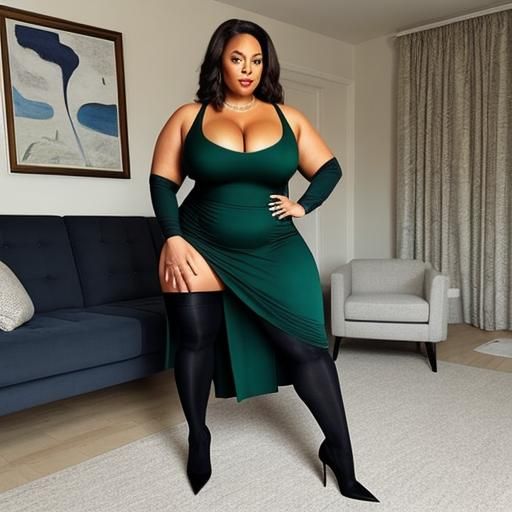 Curvy Woman in Gown, Stockings and Heels