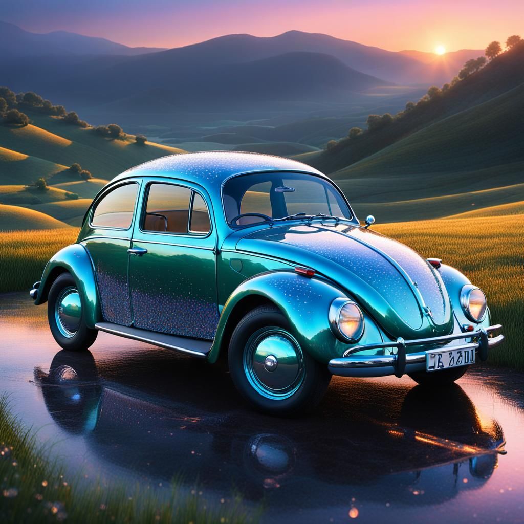 Diamond VW Beetle in Dawn Valleys: Photorealistic 8K