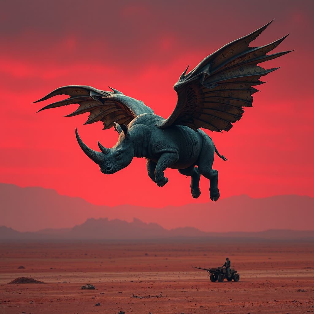 Winged Rhino Soars Over Crimson Desert in Surreal Twilight